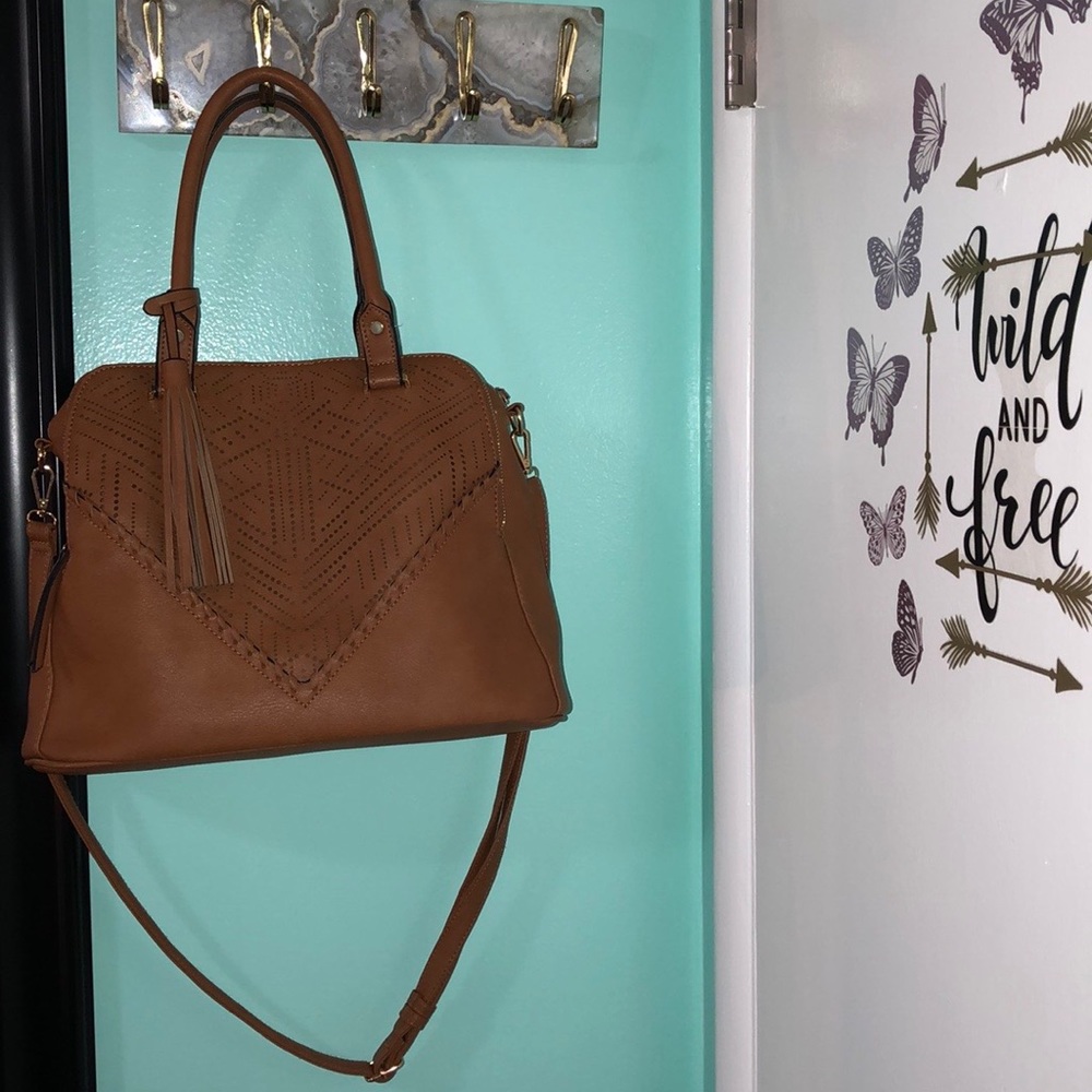 Buckle Satchel with Tassels, Brown